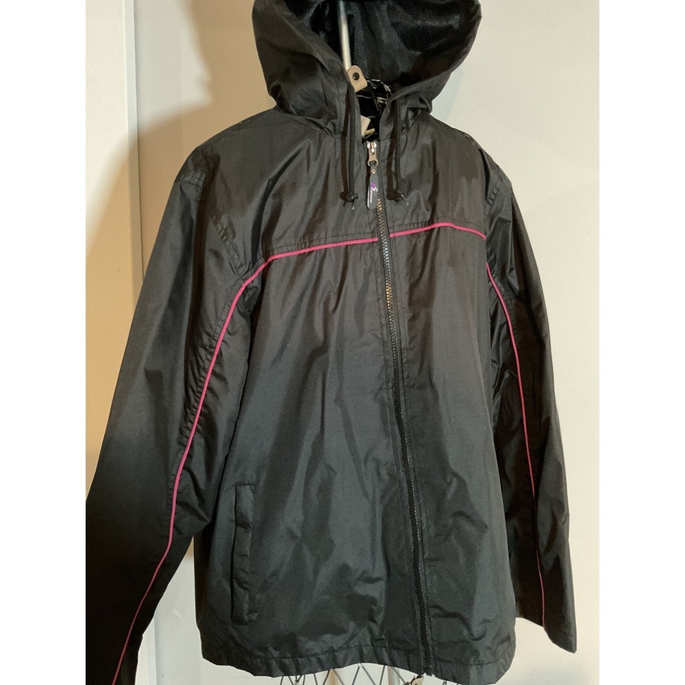i5 Apparel Womens Windbreaker‎ Jacket Black Pink Piping Full Zip Hooded XL